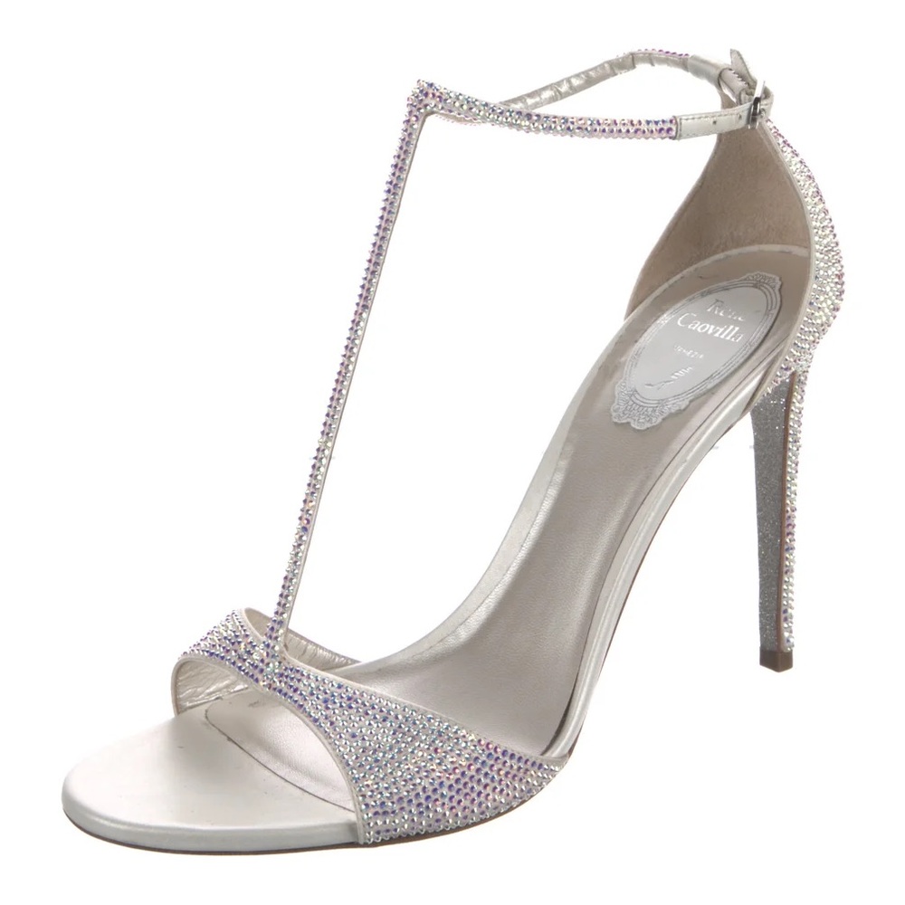 PRICE firm RENÉ CAOVILLA Satin Crystal Embellishments T-Strap Sandals Sz IT 41